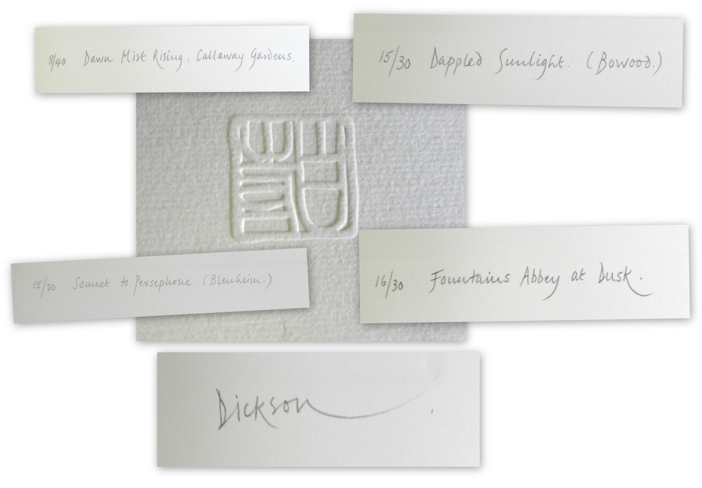 Collage of signature, titles, edition number & Miss Dickson's personal 'CHOP' Collage of signature, titles, edition number & Miss Dickson's personal 'CHOP'