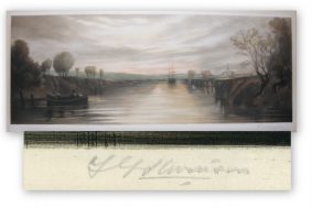 Stevenson, F G - Mezzotint of ship anchored on still water.